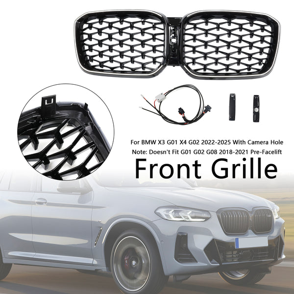 2022-2025 BMW X3 G01 X4 G02 Diamond Glossy Black Front Bumper Kidney Grille Generic