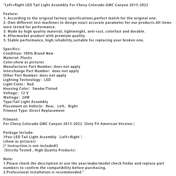 Left+Right LED Tail Light Assembly For Chevy Colorado GMC Canyon 2015-2022