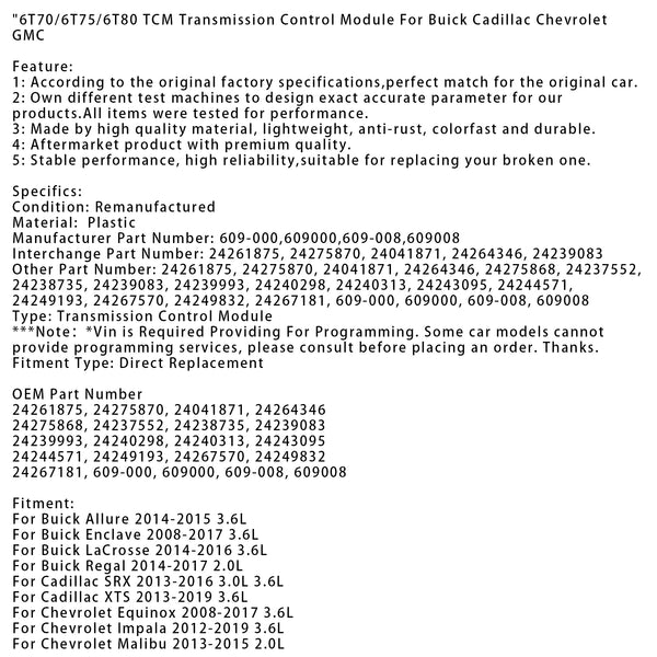 6T70/6T75/6T80 TCM Transmission Control Module For Buick Cadillac Chevrolet GMC