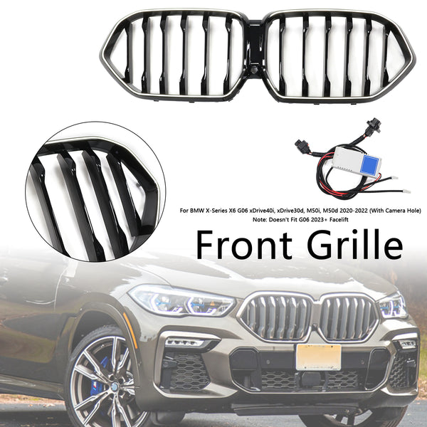 2020-2022 BMW X6 G06 M50i Black Front Bumper Grille Grill W/Camera Hole Generic