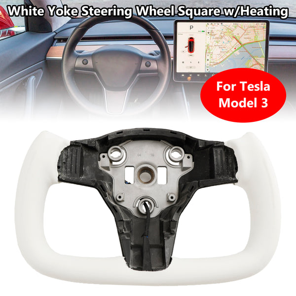2017-2023 Tesla Model 3 Yoke Steering Wheel Square White Leather w/Heating Generic
