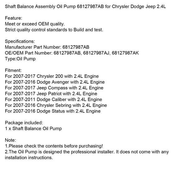 Shaft Balance Assembly Oil Pump 68127987AB 68127987AK for Chrysler Dodge Jeep 2.4L Generic