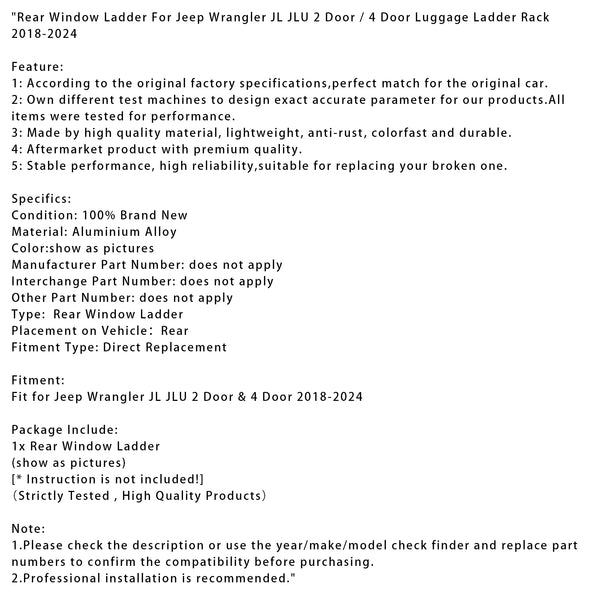 Rear Window Ladder For Jeep Wrangler JL JLU Luggage Ladder Rack 2018-2024