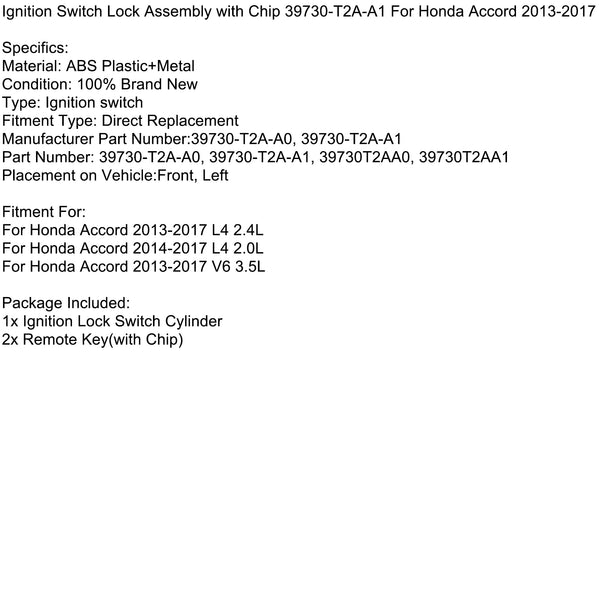 Ignition Switch Lock Assembly with Chip 39730-T2A-A1 For Honda Accord 2013-2017