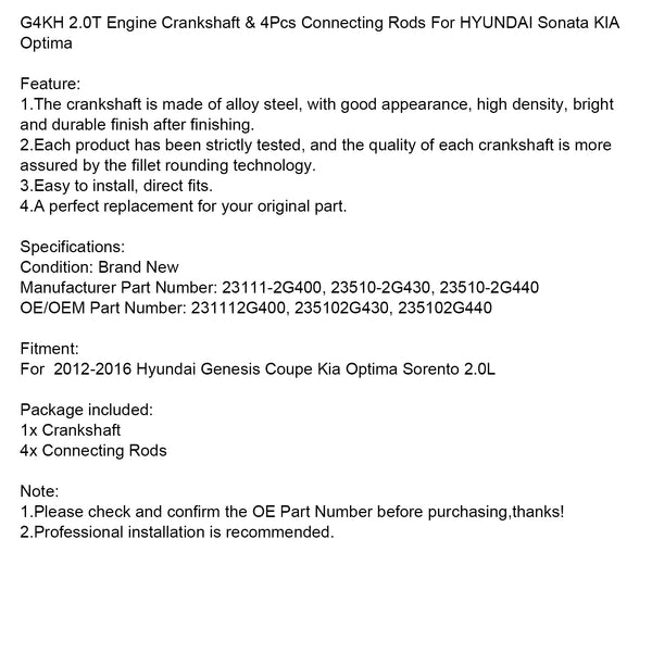 G4KH 2.0T Engine Crankshaft & 4PCS Connecting Rods 23111-2G400 23510-2G430 For HYUNDAI Sonata KIA Optima Generic