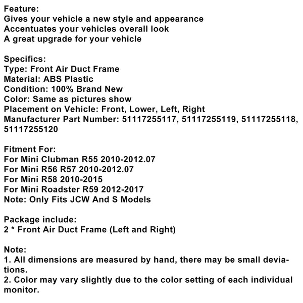 Gloss Black Front Air Duct Frame 51117255117 Fit Mini R55 R56 R57 R58 R59 JCW S