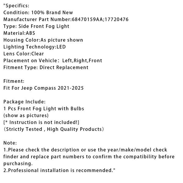 1 Pcs LED Front Driving Fog Light For Jeep Compass 2021-2025 68470159AA