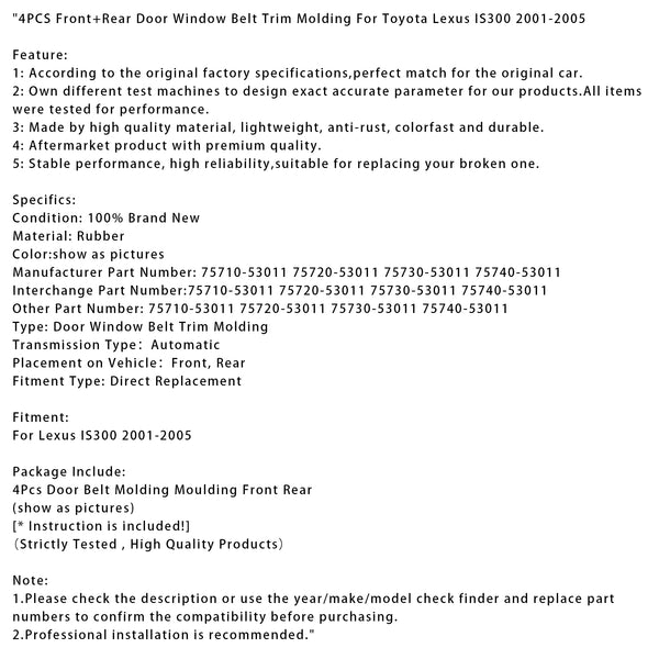 4PCS Front+Rear Door Window Belt Trim Molding For Toyota Lexus IS300 2001-2005