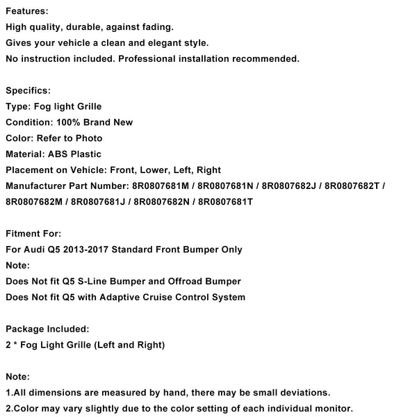 Audi Q5 2013-2017 Front Bumper Fog Light Grille Grill 8R0807681M