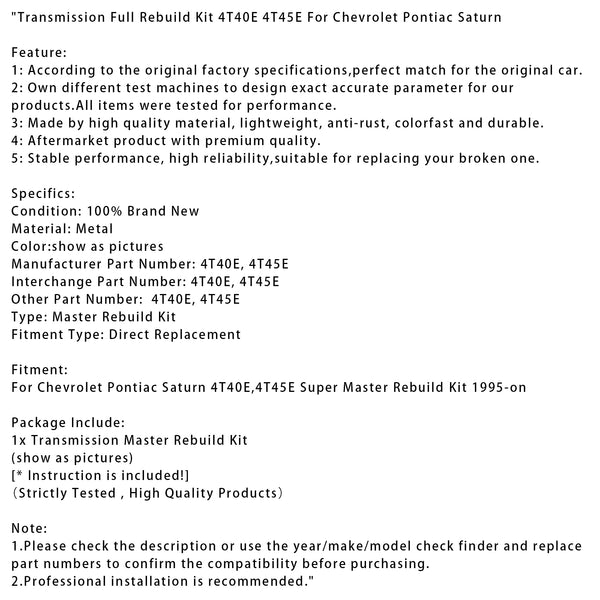 Transmission Full Rebuild Kit 4T40E 4T45E For Chevrolet Pontiac Saturn