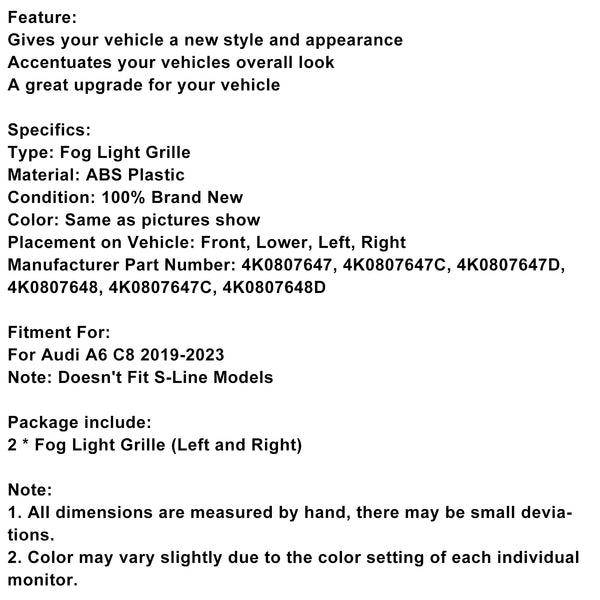 2PCS Front Bumper Fog Light Cover Grill Grille Fit Audi A6 C8 2019-2023