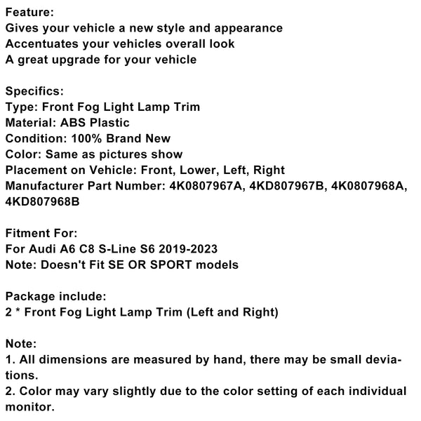 2PCS Front Fog Light Lamp Trim Fit Audi A6 C8 S-Line S6 2019-2023 Gray
