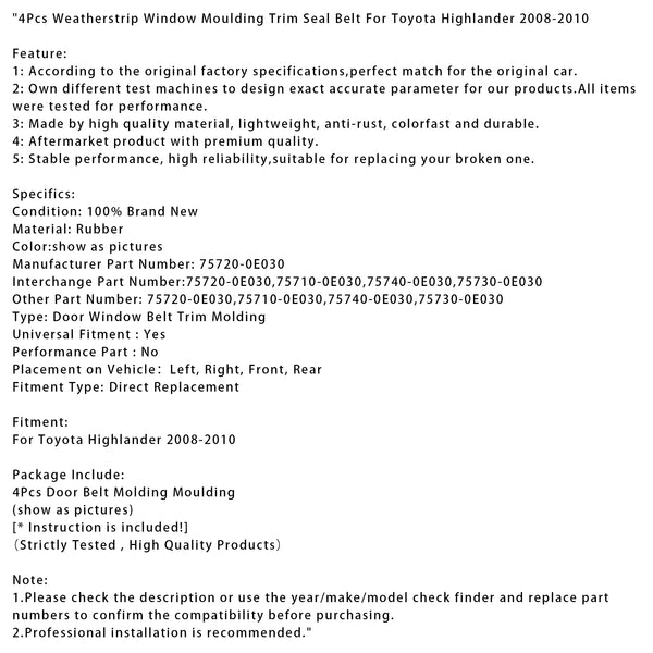 4Pcs Weatherstrip Window Moulding Trim Seal Belt For Toyota Highlander 2008-2010