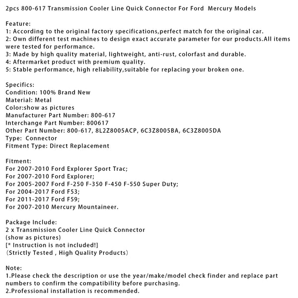 2PCS 800-617 Transmission Cooler Line Quick Connector For Ford  Mercury Models