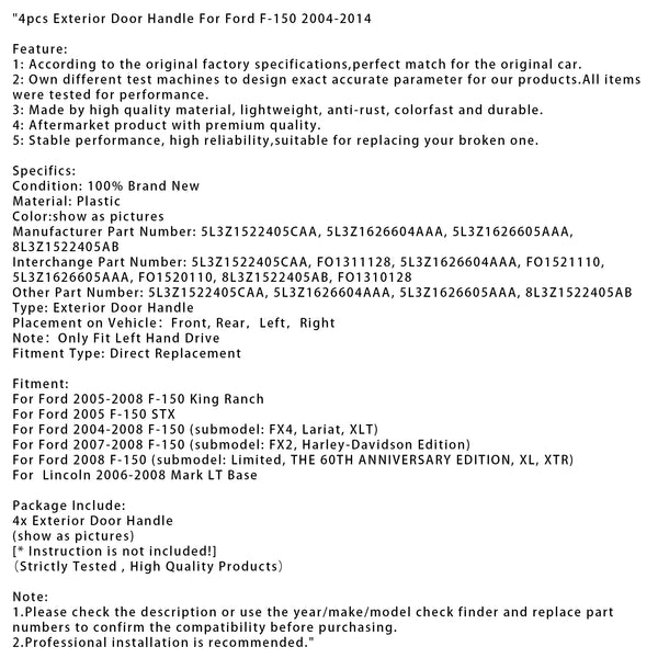 4pcs Exterior Door Handle For Ford F-150 2004-2014