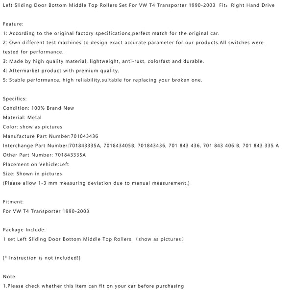 1990-2003 VW T4 Transporter RHD Left Sliding Door Bottom Middle Top Rollers Generic