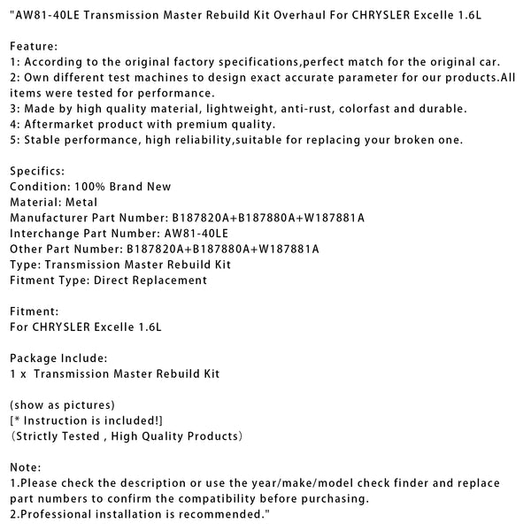AW81-40LE Transmission Master Rebuild Kit Overhaul For CHRYSLER Excelle 1.6L