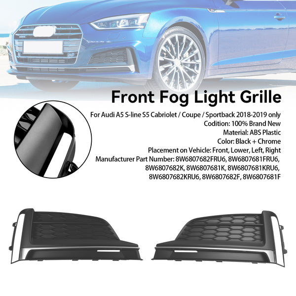 2018-2019 Audi A5 S-Line S5 2pcs Front Bumper Fog Light Grille Cover Trim 8W6807682FRU6 Generic