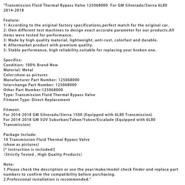 Transmission Fluid Thermal Bypass Valve For GM Silverado/Sierra 6L80 2014-2018
