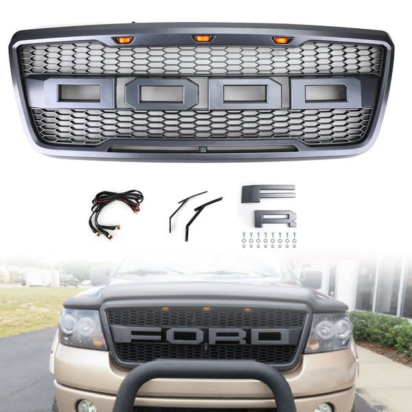 2004-2008 F150 Raptor Style Black/Grey Black Front Mesh Hood Ford Grill Replacement With LED Generic