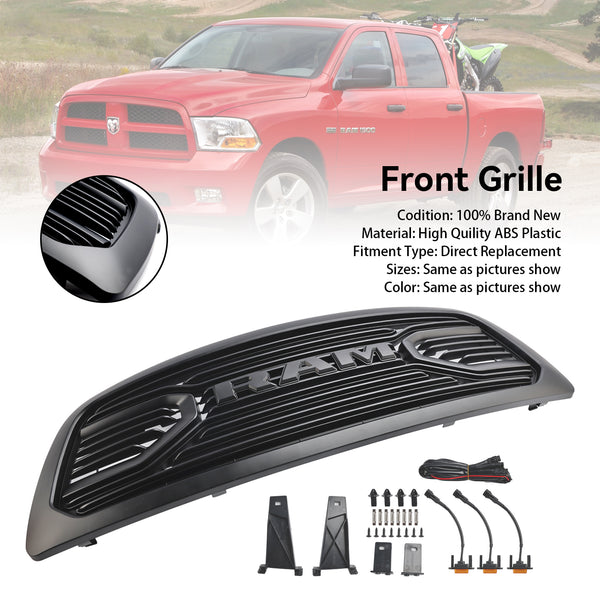 2009-2012 Dodge Ram 1500 Matte Black Front Bumper Grill Grille W/ Led Light Generic