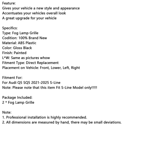 RSQ5 Style Front Fog Lamp Grille Cover Fit Audi Q5 SQ5 S-Line 2021-2025 Black