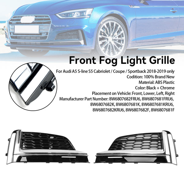 2018-2019 Audi S5 A5 S-Line 2Pcs Front Bumper Fog Light Grille Cover Trim 8W6807682FRU6 8W6807681FRU6 Generic