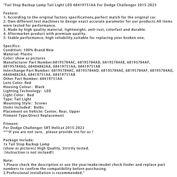 Tail Stop Backup Lamp Tail Light LED For Dodge Challenger SRT Hellcat 2015-2023