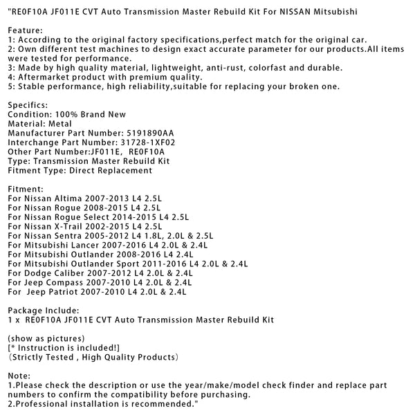 RE0F10A JF011E CVT Auto Transmission Master Rebuild Kit For NISSAN Mitsubishi