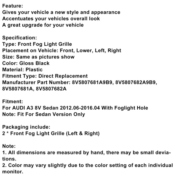 Gloss Black Front Fog Light Grill Covers Fit Audi A3 8V Sedan 2013-2016
