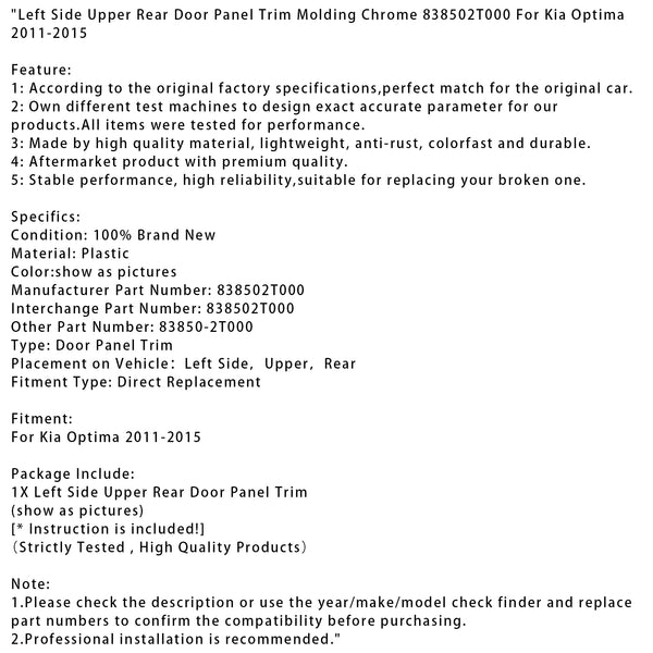 Left Side Upper Rear Door Panel Trim Molding Chrome For Kia Optima 2011-2015