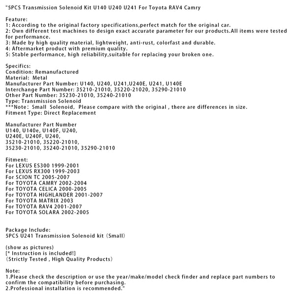 5PCS Transmission Solenoid Kit U140 U240 U241 For Toyota RAV4 Camry