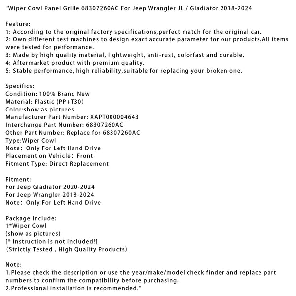 Wiper Cowl Panel Grille 68307260AC For Jeep Wrangler JL / Gladiator 2018-2024