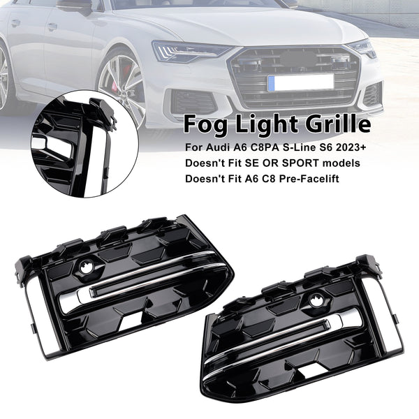 2PCS Front Bumper Fog Light Grille Trim Fit Audi A6L C8PA 2023+ Black Chrome
