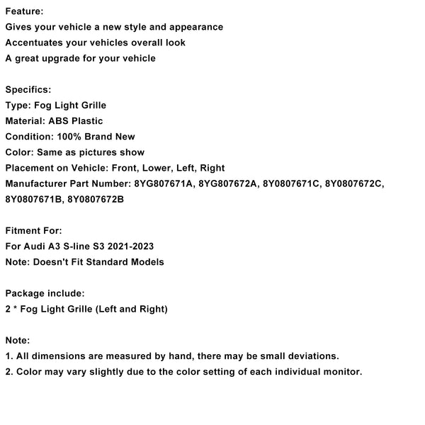 Audi A3 S-line 2021-2023 Black Front Honeycomb Fog Light Grill Cover