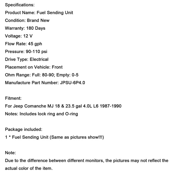 1987-1990 Jeep Comanche MJ 18 & 23.5 gal 4.0L L6 Gas Tank Sending Unit w/ F.I. w/ the Fuel Pump JPSU-6P4.0 Generic