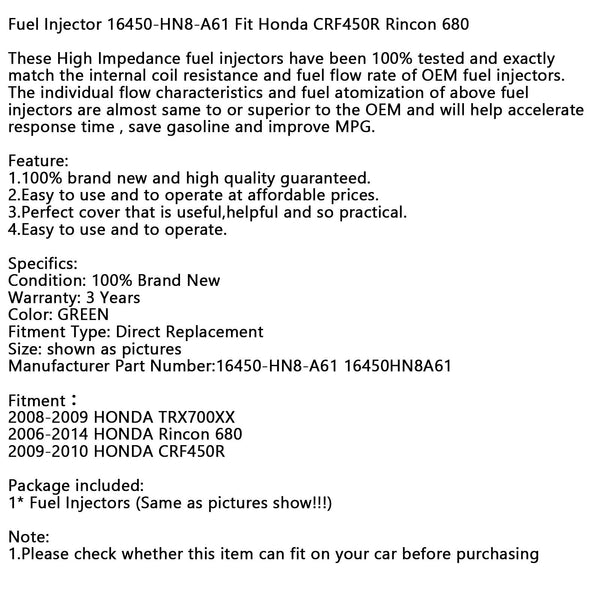 2006-2014 HONDA Rincon 680 Fuel Injector 16450-HN8-A61 16450HN8A61 Generic