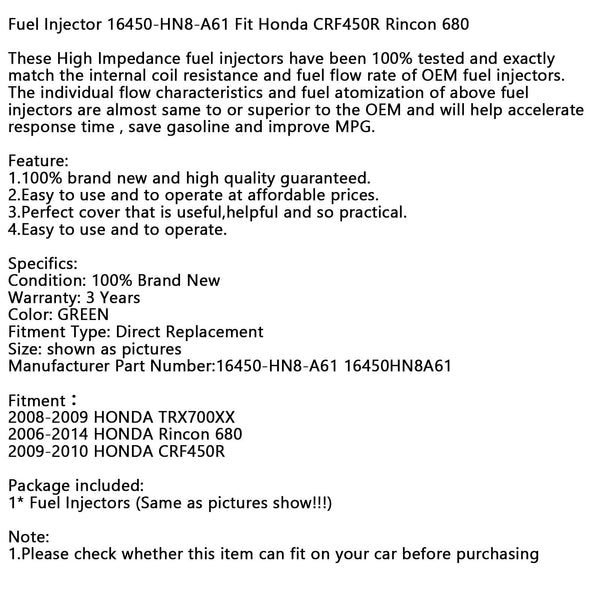 2009-2010 HONDA CRF450R Fuel Injector 16450-HN8-A61 16450HN8A61 Generic