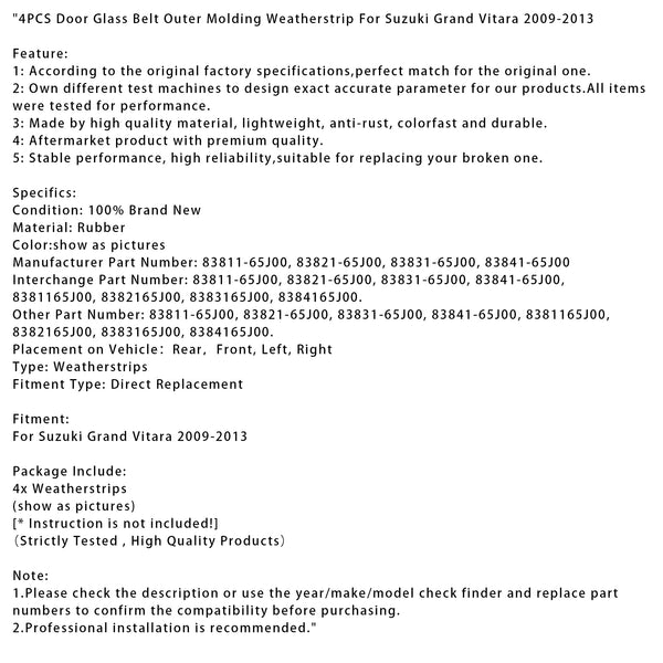 4PCS Door Glass Belt Outer Molding Weatherstrip For Suzuki Grand Vitara 09-13