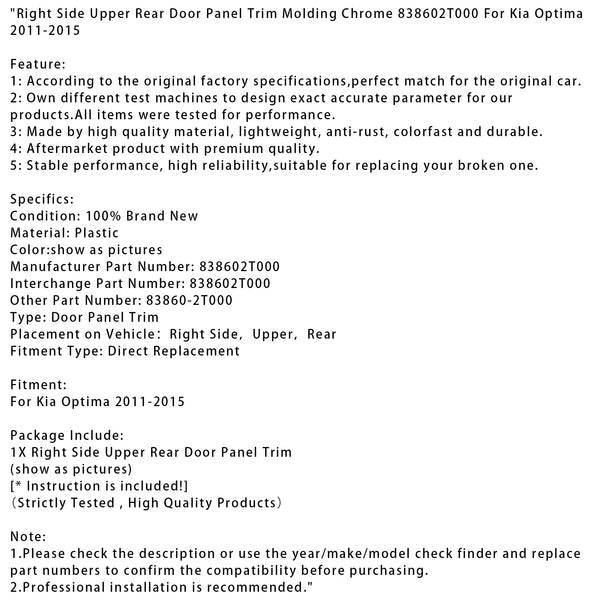 Right Side Upper Rear Door Panel Trim Molding Chrome For Kia Optima 2011-2015