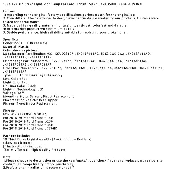 923-127 3rd Brake Light Stop Lamp For Ford Transit 150 250 350 350HD 18-2019 Red