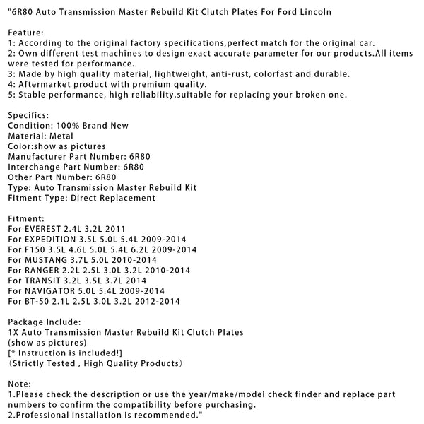 6R80 Auto Transmission Master Rebuild Kit Clutch Plates For Ford Lincoln