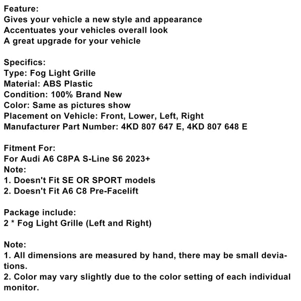 2PCS Front Bumper Fog Light Grille Trim Fit Audi A6L C8PA 2023+ Black