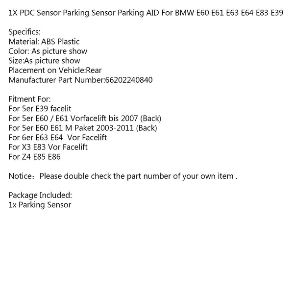 PDC Sensor Parking Sensor Parking AID For BMW E60 E61 E63 E64 E83 E39 Generic
