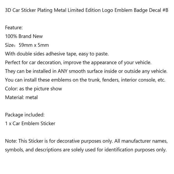 3D Car Sticker Plating Metal Limited Edition Logo Emblem Badge Decal #B Generic