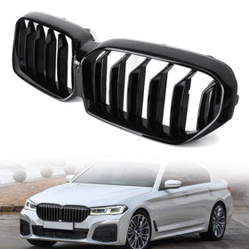 Double Gloss Black Front Grill Grille Fit 2021-2022 BMW 5-Series G30 G31 W/Camera Generic