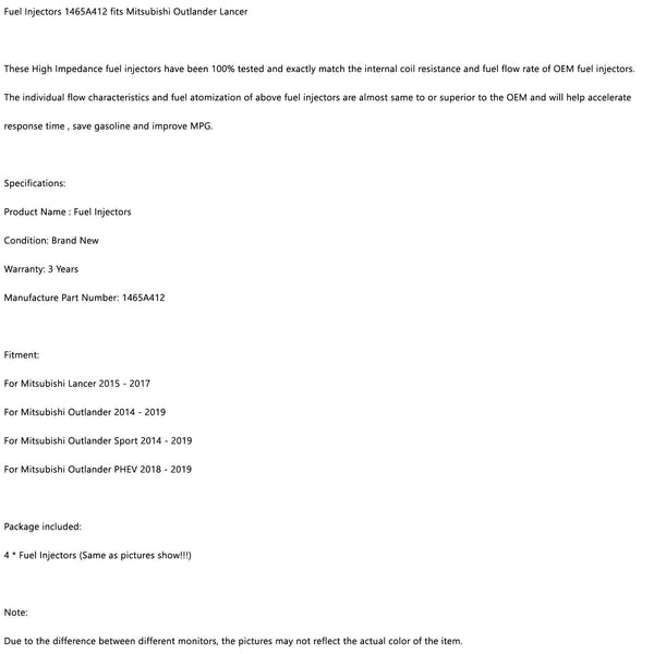 2014-2019 Mitsubishi Outlander 4PCS Fuel Injectors 1465A412 Generic