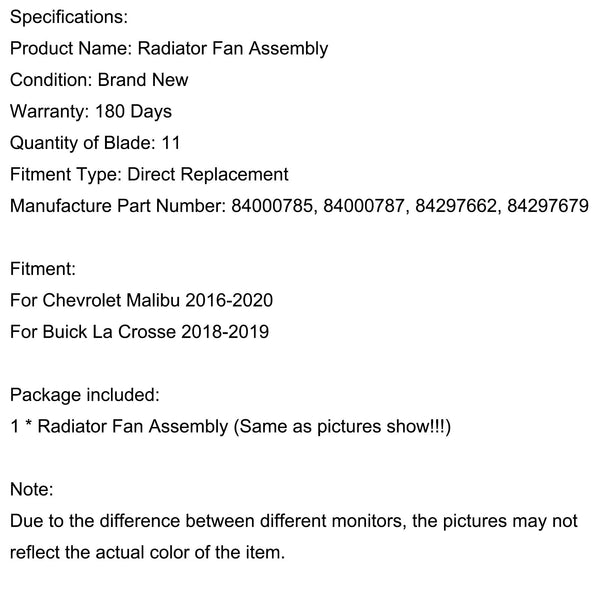2016-2020Chevrolet Malibu 84000785 Engine Cooling Fan Assembly 
84000787 84297662 84297679 Generic
