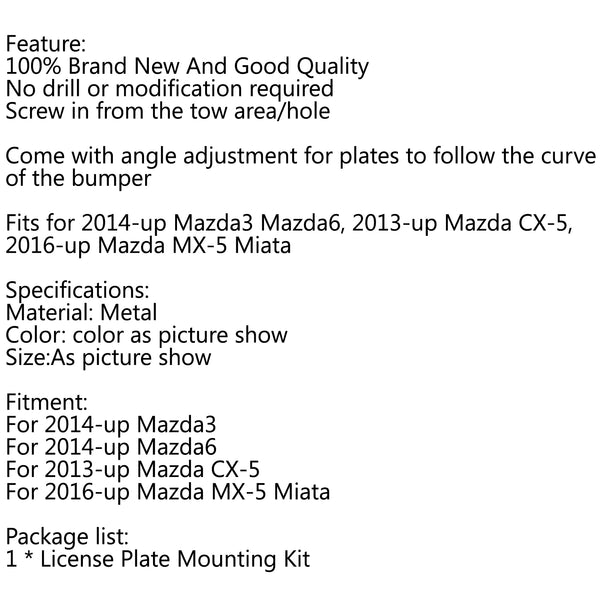 Mazda3 Mazda6 CX5 MX5 Bumper Tow Hook License Plate Mount Bracket Holder Fit Generic