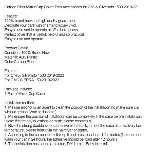 19-22 Chevy Silverado 1500 Carbon Fiber Mirror Cap Cover Trim Accessories Generic